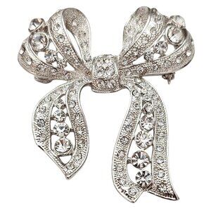 Graziano Silver Tone Clear Rhinestone Bow Brooch Chunky Pin C852